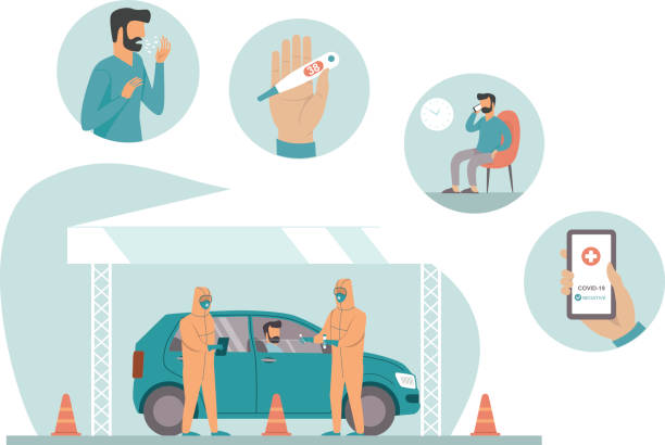 Coronavirus COVID-19 drive through testing site concept Coronavirus COVID-19 drive through testing site concept. Medical worker in full protective gear takes sample from senior patient at a COVID-19 drive-thru test site at home covid test stock illustrations