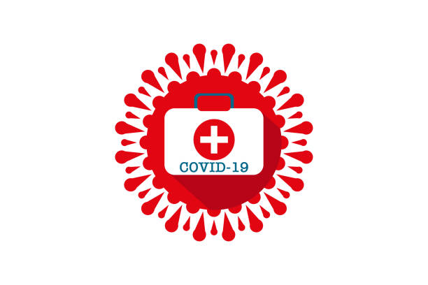 Coronavirus, Covid-19 first aid box. Coronavirus and Covid-19 are common and spread by coughing, sneezing, or touching an infected person. Vector drawing. Coronavirus cells logo vector icon. Test kit with Coronavirus cells, aid kit illustration logo-emblem design. at home covid test stock illustrations