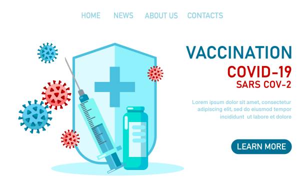 Coronavirus Covid-19 vaccination with vaccine bottle, syringe injection tool, shield for immunization and treatment. Coronavirus Covid-19 vaccination with vaccine bottle, syringe injection tool, shield for immunization and treatment. Vector flat illustration. Vaccine concept  Landing page template for web design. covid variant stock illustrations
