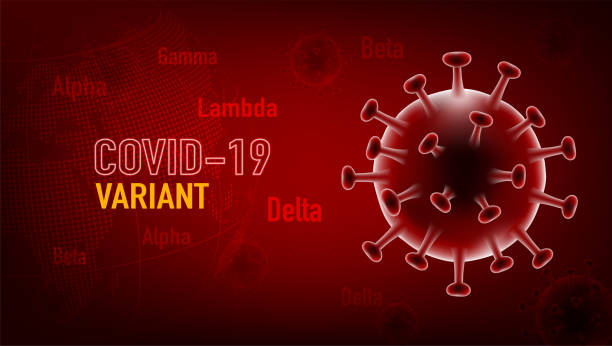 coronavirus covid-19 variant mutation virus cell medical on red background. mutated coronavirus sars-cov-2 flu disease pandemic, vector illustration - covid variant 幅插畫檔、美工圖案、卡通及圖標