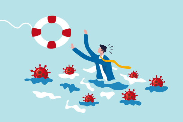 ilustrações de stock, clip art, desenhos animados e ícones de coronavirus crisis help policy, business insurance or government stimulus to aid small business and entrepreneur to survive in covid-19 outbreak, businessman try to hold life buoy with virus around. - help