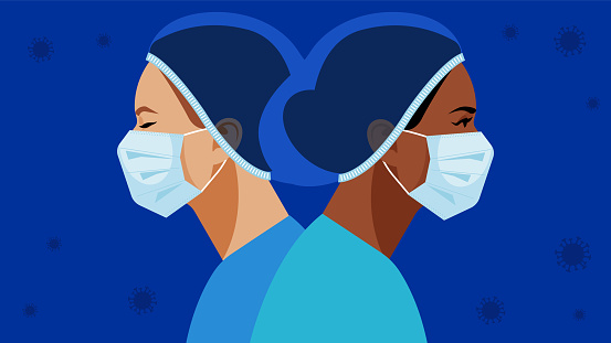 Coronavirus in World. Doctor and nurse in a medical mask and hat. Virus symbol in the air. Medical staff are fighting a viral infection. Vector illustration of a nurse in blue uniform on a blue.