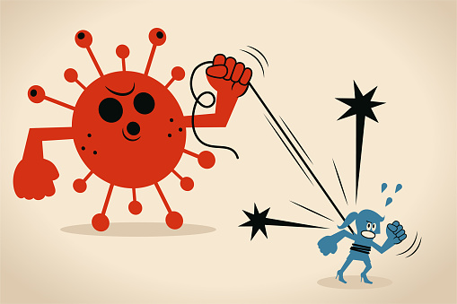 Coronavirus lockdown and state of emergency, the blue woman is tied up with rope held by a giant new coronavirus monster (covid-19, bacterium, virus)