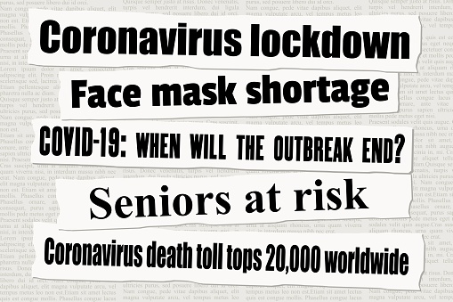 Coronavirus pandemic crisis newspaper titles. COVID-19 global pandemic. News headline collection vector.