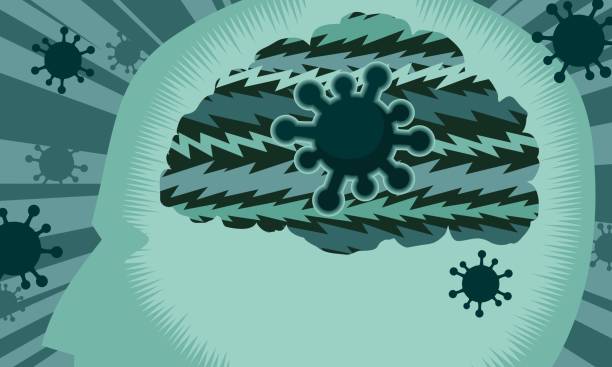 coronavirus mental health impact covid cell attacks noisy brain with ray background dark edition vector art illustration