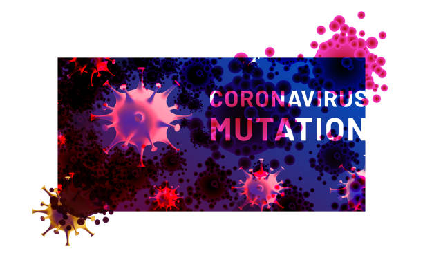coronavirus mutation schlagzeile. neue stamm des virus. bannerdesign mit abstrakten zellen des coronavirus covid-19 und mikroben mit schriftzug mit flecken - coronavirus mutation stock-grafiken, -clipart, -cartoons und -symbole