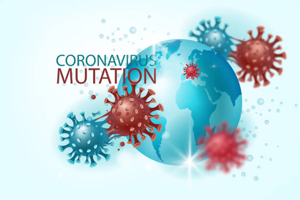 coronavirus mutation vektor hintergrund mit covid-19 moleküle, globus, weltkarte. - coronavirus mutation stock-grafiken, -clipart, -cartoons und -symbole