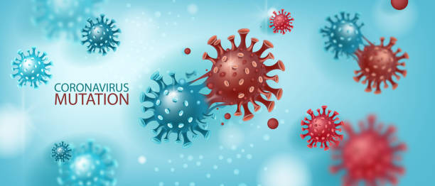 coronavirus mutation vektor hintergrund mit krankheitmoleküleauf blau. - coronavirus mutation stock-grafiken, -clipart, -cartoons und -symbole