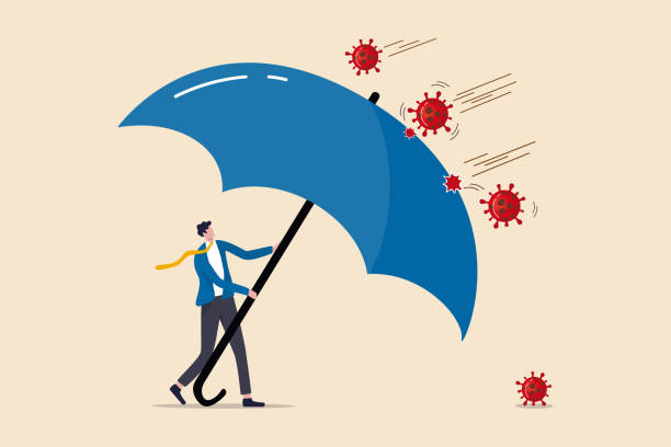 COVID-19 Coronavirus outbreak financial crisis help policy, company and business to survive concept, businessman leader stand safe by cover himself with big umbrella from COVID-19 Coronavirus pathogen  crisis stock illustrations