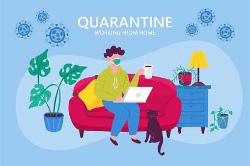 Coronavirus quarantine concept. Working from home. Man sitting on couch and working on laptop. Flat cartoon vector illustration