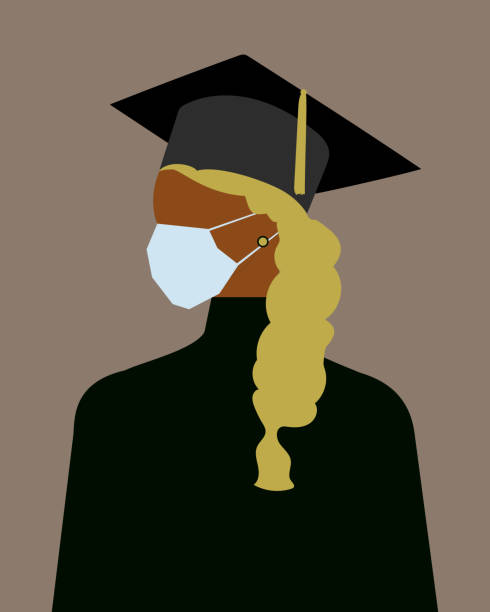 Coronavirus quarantine. Graduate student wearing a medical protective mask and a square academic cap. Women's Day. Graduation evening at the university, institute, school. Modern vector graphics. Coronavirus quarantine. Graduate student wearing a medical protective mask and a square academic cap. Women's Day. Graduation evening at the university, institute, school. Modern vector graphics. graduation silhouettes stock illustrations