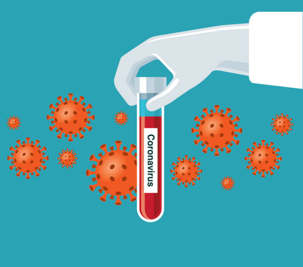 Coronavirus stock Researcher holds a test tube with corona virus, analysis, and medicine to fight the epidemic. viral infection stock illustrations
