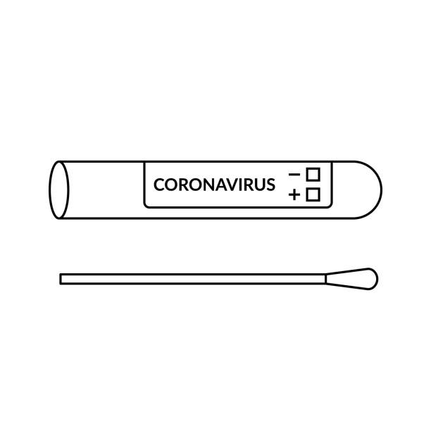 coronavirus-tupfer mit reagenzglas-liniensymbol. leere testprobe für covid 19 diagnosen. - corona test stock-grafiken, -clipart, -cartoons und -symbole