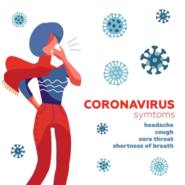 冠狀病毒症狀， mers cov 是一種常見的病毒，導致感染你的鼻子， 鼻竇， 或上喉.中東呼吸綜合征冠狀病毒標誌。婦女打噴嚏的手帕 - 咳嗽 幅插畫檔、美工圖案、卡通及圖標