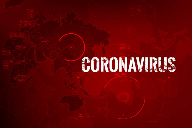 coronavirus-textausbruch mit weltkarte und hud 0002 - covid stock-grafiken, -clipart, -cartoons und -symbole