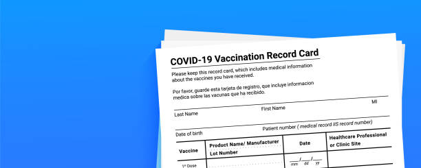 Coronavirus vaccination record card over blue background with copy space. View from above. Concept of defeating Covid-19. Vector illustration banner Coronavirus vaccination record card over blue background with copy space for travel and movement without borders. View from above. Concept of defeating Covid-19. Vector illustration banner cdc vaccine card stock illustrations