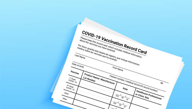 Coronavirus vaccination record card over blue background with copy space for travel and movement without borders. View from above. Concept of defeating Covid-19. Vector illustration banner Coronavirus vaccination record card on a blue background with copy space for travel and movement without borders. Vaccination form during the coronavirus covid 19 epidemic cdc vaccine card stock illustrations