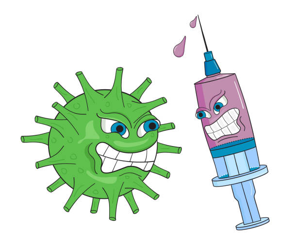 coronavirus-impfvektor. artoonspritze mit einem impfstoff und dem covid-virus. - omikron stock-grafiken, -clipart, -cartoons und -symbole