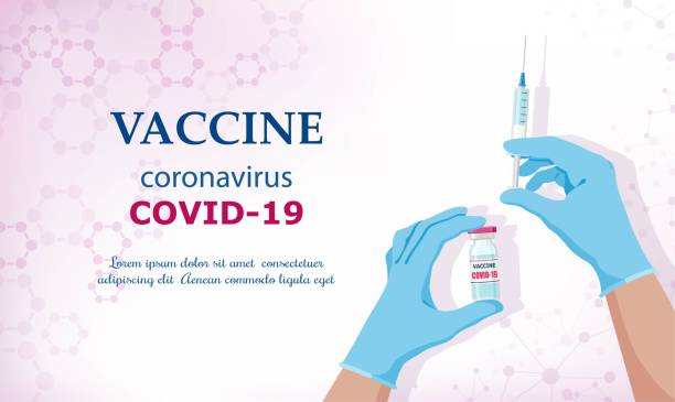 Coronavirus vaccine COVID-19. Vector illustration Coronavirus vaccine COVID-19. Vaccine and vaccination against coronavirus, COVID-19, virus, flu. Hands in blue gloves of  doctor, nurse, scientist hold an ampoule, syringe. Horizontal banner. Vector covid vaccine stock illustrations
