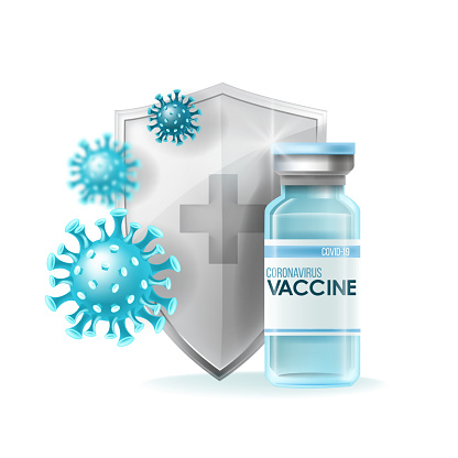 Coronavirus vaccine medical pandemic concept with bottle, shield, COVID-19 disease molecules.