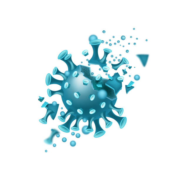 Coronavirus vaccine pandemic medical concept with COVID-19 molecule destruction process on white. Disease spread prevention vector background in blue. Coronavirus vaccine global treatment banner destruction stock illustrations