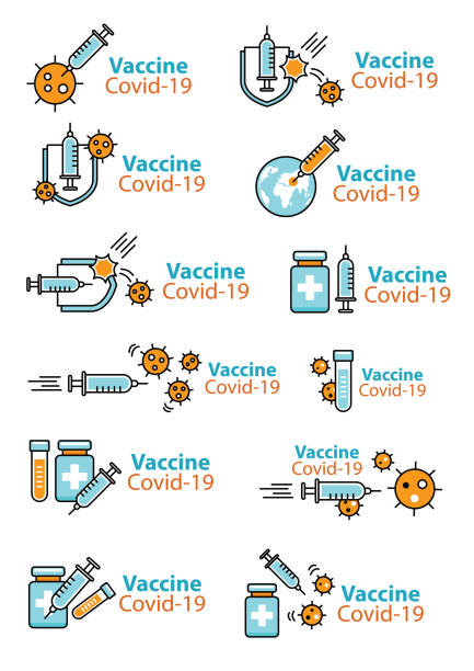 коронавирусная вакцина знак и символ наклейки, баннер, плакат, веб-сайт. - covid vaccine stock illustrations