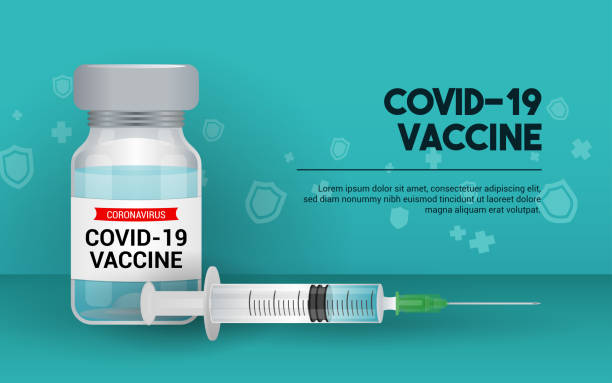 иллюстрация вектора коронавирусной вакцины covid-19. вакцина бутылка и шприц с копией пространства - covid vaccine stock illustrations