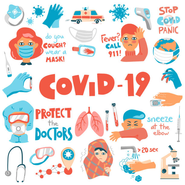 coronavirus vektör karikatür seti. semptomlar, ekipmanlar ve kavramlar. yazı kompozisyonları. - covid vaccine stock illustrations