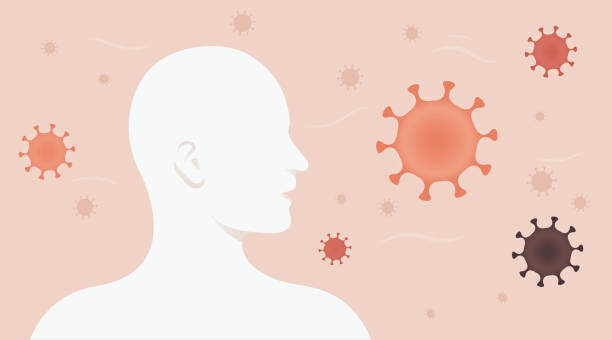 Coronavirus Airborne coronavirus virus particles with unprotected person breathing them in. human head silhouette stock illustrations