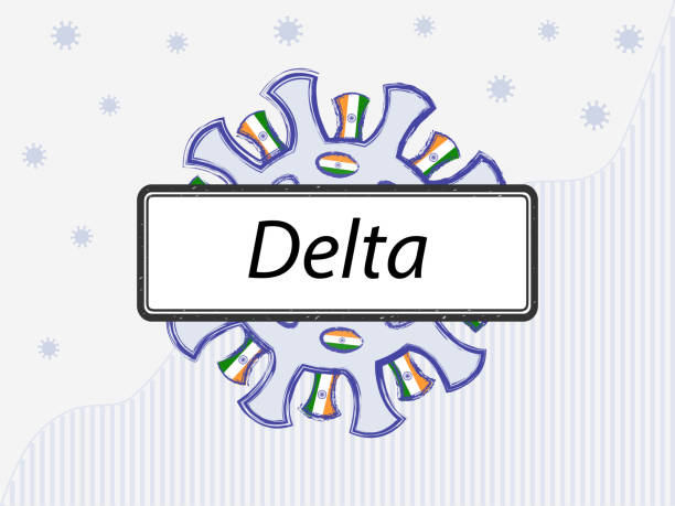 coronavirus z indyjską flagą w kolcach. nowa nazwa delta napisana na znaku zamiast wariantu indyjskiego. mutacja b.1.617.2, wariant obaw. - covid variant stock illustrations
