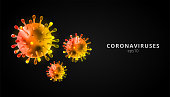 Coronaviruses 3d realistic vector in black background. corona virus cell, wuhan virus disease. Perfect for banner information, flyer, poster, etc. Vector illustration eps10