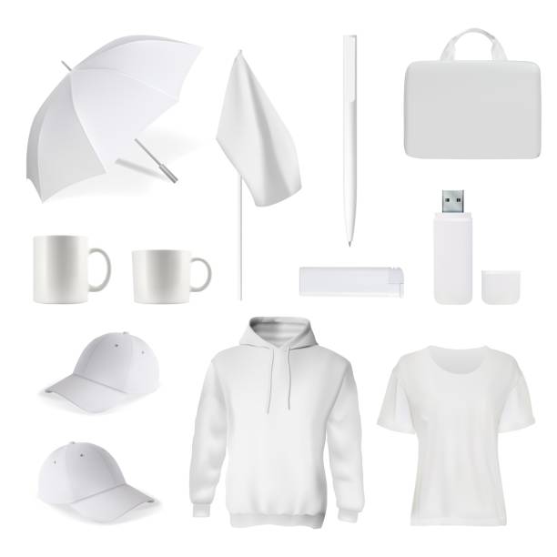 Corporate branding clothes accessory item mockup Branding white item. Corporate identity template, promotional gift. Realistic vector t-shirt, cap, bag, usb-flesh card, mug or cup, umbrella, pen, flag, sweatshirt illustration. Branding item mockup branding templates stock illustrations