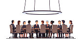Politicians or corporate officers group authority people talks sitting at round table. Big war room. Negotiations conversation conference hall, boardroom or meeting room. Flat vector illustration