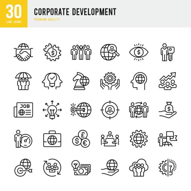 Set of 30 Corporate Development thin line vector icons.