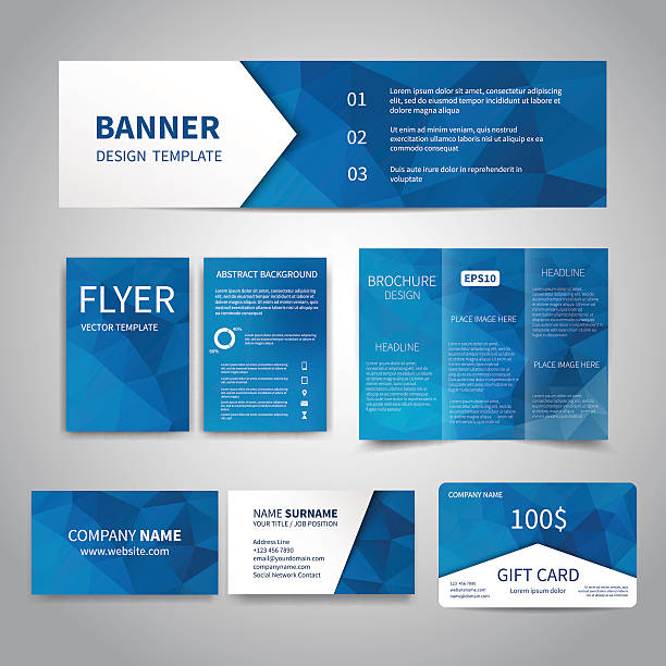 Corporate Identity Set Banner, flyers, brochure, business cards, gift card design templates set with geometric triangular blue background. Corporate Identity set, Advertising, Christmas party promotion printing blue drawings stock illustrations
