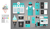 Corporate identity template Set 1. Logo concept for ice cream shop, cafe, restaurant. Realistic mock up template set of shop, car, t-shirt, cap, cup, menu, rubber stamp, coupon, package, mobile application, name card, bunting.Vector illustration.