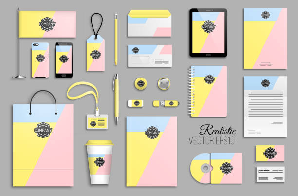 Corporate identity template set and branding design Corporate identity template set. Branding design. Business stationery mock-up with logo. Colorful minimal geometric background stationery templates stock illustrations