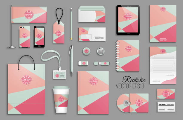 Corporate identity template set and business stationery mock-up with emblem Corporate identity template set with minimal colorful geometric background. Business stationery mock-up with logotype. Creative branding design stationery templates stock illustrations