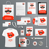 Sushi Japanese restaurant corporate identity templates of supplies for copmany branding. Vector isolated set of t-shirt apparel, business card, stationery and promo flag, mug and blank or paper bag