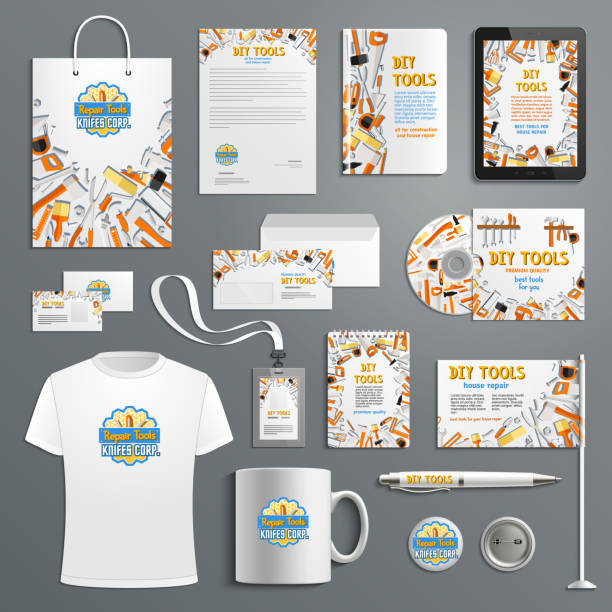 Corporate identity vector items with work tools Work tools and construction company corporate vector identity templates set of branding promo supplies. Stationery t-shirt apparel, business cards or flags and mugs with handyman DIY repair design business cards and stationery stock illustrations