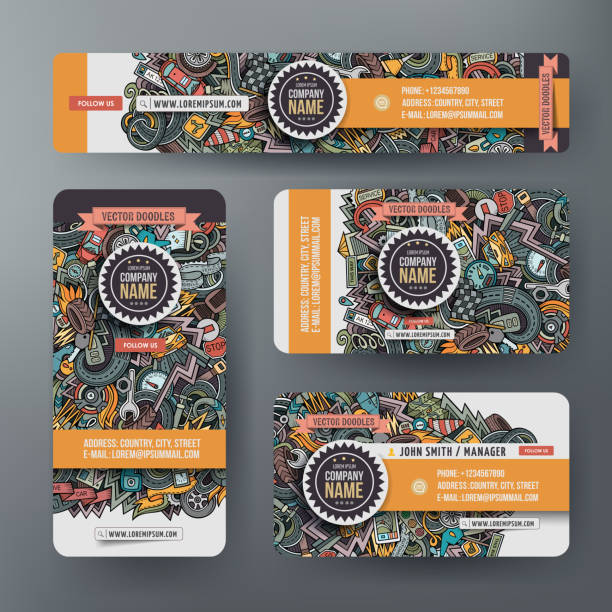 Corporate Identity vector templates set with doodles Automobile theme. Corporate Identity vector templates set design with doodles hand drawn Automobile theme. Colorful banner, id cards, flayer design. Templates set garage backgrounds stock illustrations