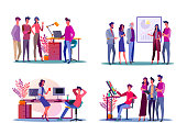Corporate meeting illustration set. Colleagues discussing project, presenting chart, chatting. Communication concept. Vector illustration for topics like business, collaboration, partnership