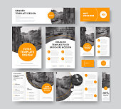 Corporate style with round and semicircular orange design elements and stroke, with a place for photos. Vector flyer templates, brochures, vouchers, cards and banners. Set