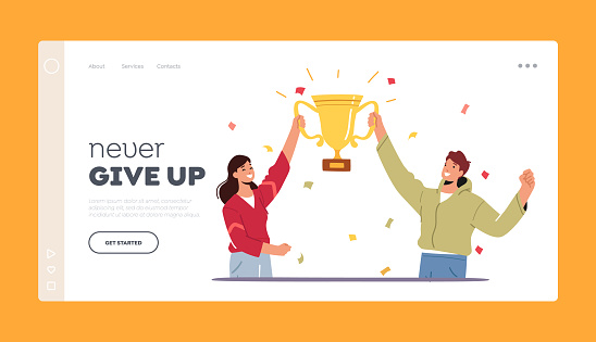 Corporate Success Celebration, Best Team, Victory Trophy Landing Page Template. Successful Businesspeople Holding Goblet