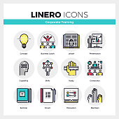 Line icons set of corporate seminar and business training. Modern color flat design linear pictogram collection. Outline vector concept of mono stroke symbol pack. Premium quality web graphics material.