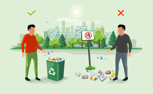 Correct and Wrong Littering Garbage around the Trash Bin with Person Throwing Away Waste
