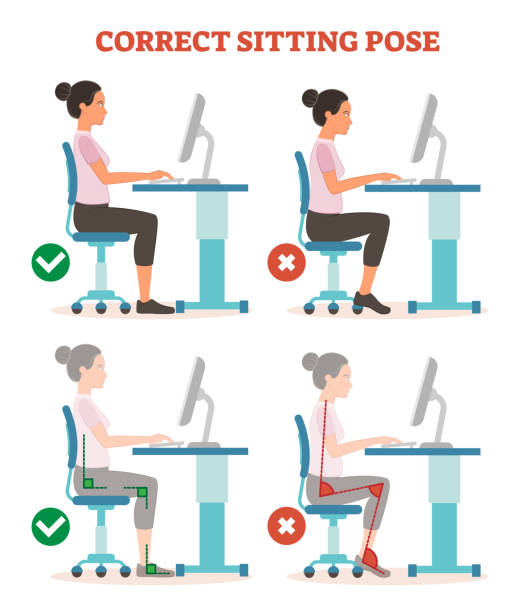 Correct sitting pose in work place health care informational poster, vector illustration scheme. Correct sitting pose in work place health care informational poster, vector illustration scheme with advised body angles. Woman from profile view in front of computer desk. good posture stock illustrations