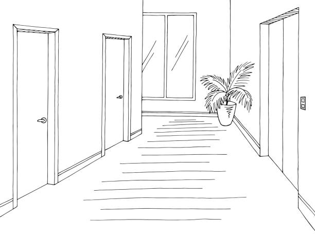 illustrazioni stock, clip art, cartoni animati e icone di tendenza di corridoio grafico bianco nero interno schizzo illustrazione vettore - corridoio ufficio