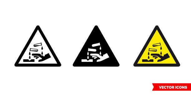 Corrosive symbol warning icon of 3 types color, black and white, outline. Isolated vector sign symbol Corrosive symbol warning icon of 3 types. Isolated vector sign symbol. acid stock illustrations