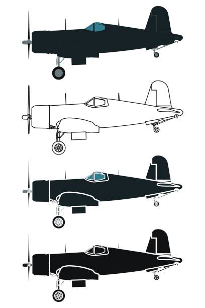 F4U Corsair airplane, Right view F4U Corsair airplane, Right view ww2 american fighter planes stock illustrations